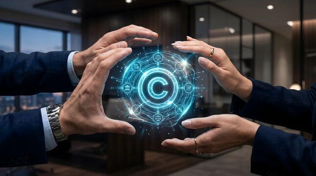 Business professionals interacting with glowing digital copyright network and legal icons. Comprehensive intellectual property protection and law enforcement concept.