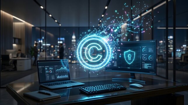 Glowing digital copyright symbol dissolving over modern office desk with cybersecurity lock on monitor. Digital rights management and intellectual property data breach concept.