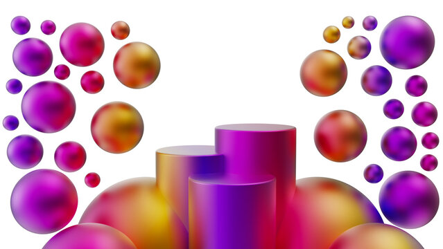 Abstract Metallic Colorful 3D Podium with Floating Gradient Spheres Transparent Background