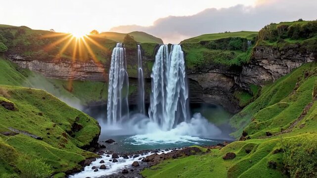 Scenic view of a waterfall cascading over cliffs at sunset with lush green landscape.