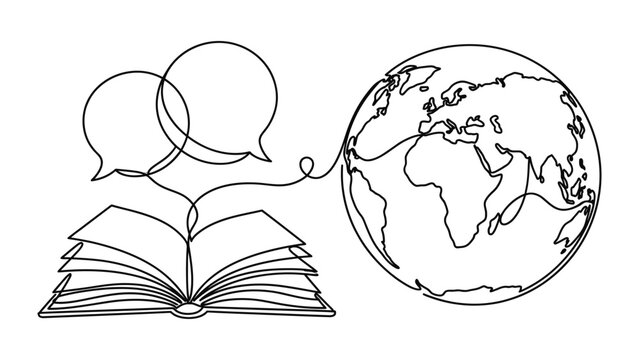 Continuous line drawing of open book connected to global earth globe with speech bubbles.