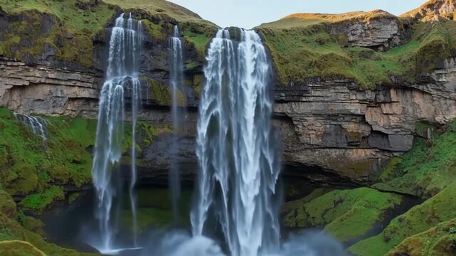 Beautiful waterfall cascading over rocky cliff in lush green landscape.