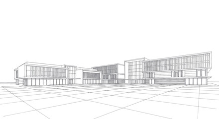 Architectural Wireframe Drawing of a Modern Building Complex. © Dika