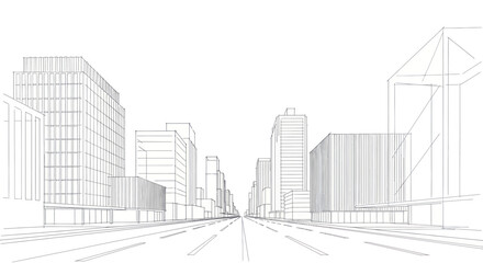 Architectural wireframe drawing of a modern city street with tall buildings. © Dika