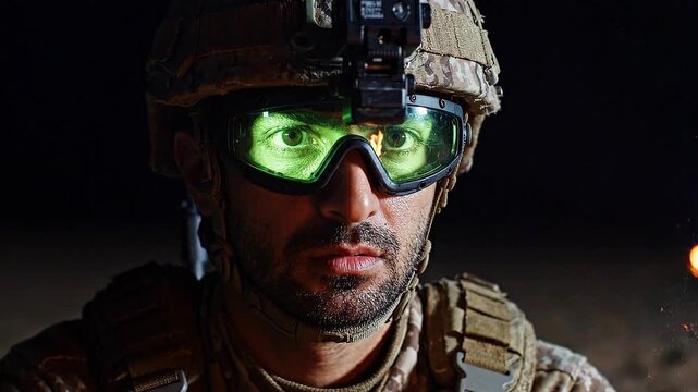 Close-up of a soldier wearing night vision goggles in a dark, intense environment