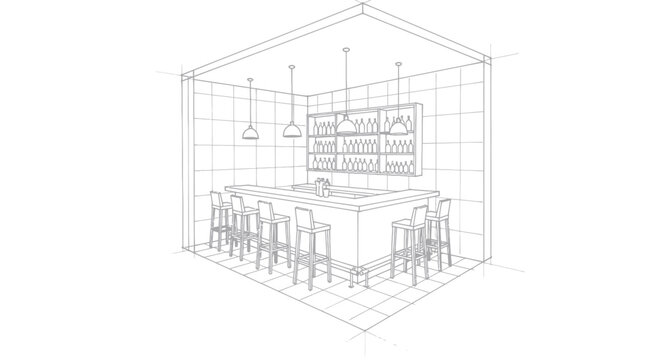 Architectural wireframe drawing of a modern bar interior with seating.