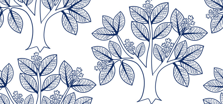 sal tree seamless vector pattern hand drawn ink traditional oriental asian Indian design isolated