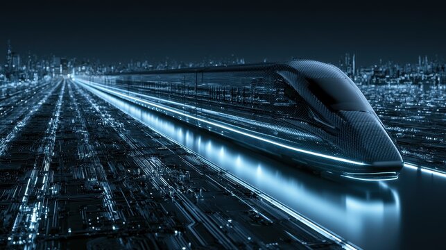 Futuristic maglev train traveling through a neon digital cityscape with motion blur and sharp focus for smart city transportation marketing