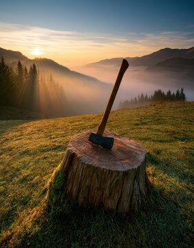 Splitting maul resting in a wooden stump on a sunlit alpine meadow with misty mountains and golden hour flare for hardware catalog advertising