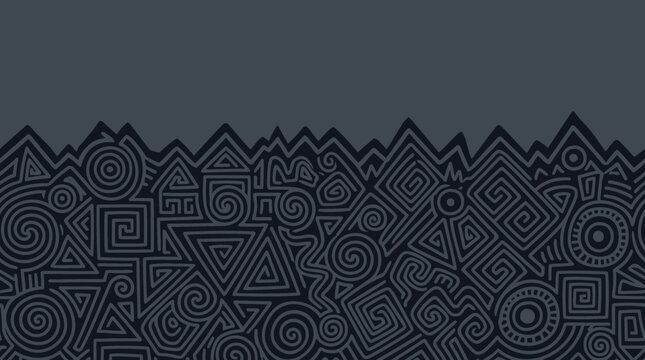Dark gray background with horizontal seamless border featuring intricate tribal line art geometric patterns and spirals, symbolizing ethnic heritage and providing decorative border for web design