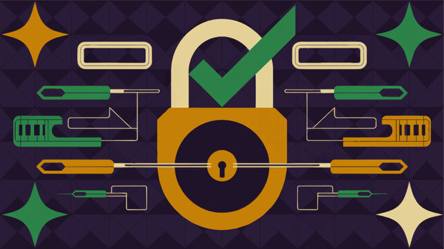 Cybersecurity padlock with check mark and lockpicking tools, flat geometric illustration for data protection and privacy concepts