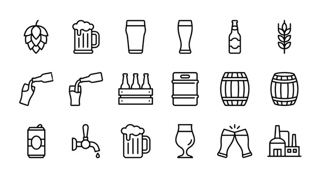 Brewery and pub line icons set featuring beer mugs glasses bottles hops barrels and factory on white background, providing graphic assets for menus, illustrating bar service branding