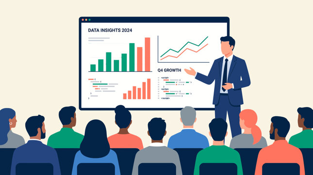 Professional businessman presenting data insights 2024 and Q4 growth charts on a large screen to an audience, illustrating annual financial reporting and representing corporate strategy