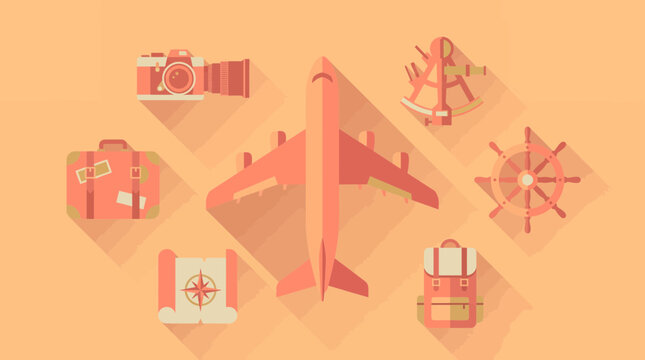 Minimalist flat design vector icons of travel equipment like airplane camera and suitcase on orange background with long shadows, symbolizing global tourism and representing adventure planning