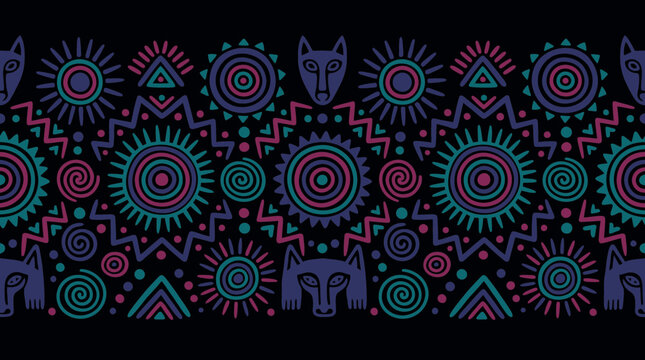 Ethnic tribal seamless border pattern with sun symbols, spirals and animal heads on black background, Symbolizing traditional heritage and representing folk art textile design