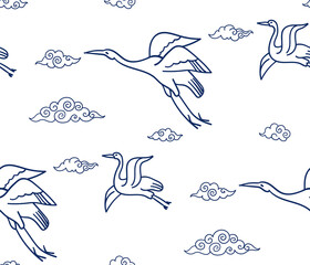 Fototapeta premium crane birds seamless vector pattern hand drawn ink traditional oriental asian Indian design isolated