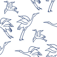 Fototapeta premium crane birds seamless vector pattern hand drawn ink traditional oriental asian Indian design isolated