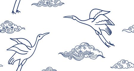 Fototapeta premium crane birds seamless vector pattern hand drawn ink traditional oriental asian Indian design isolated