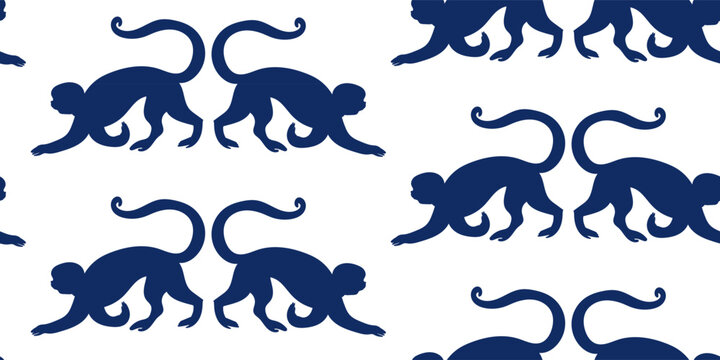 monkey seamless vector pattern hand drawn ink traditional oriental asian Indian design isolated