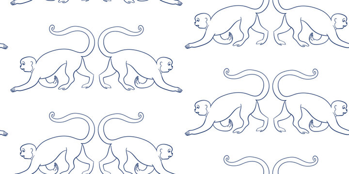 monkey seamless vector pattern hand drawn ink traditional oriental asian Indian design isolated