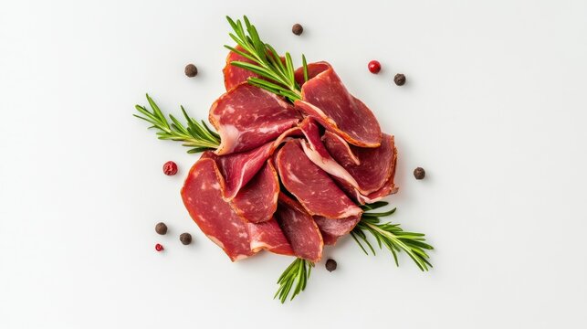 Gourmet Pastrami Slices with Rosemary and Peppercorns: Overhead Culinary Still Life