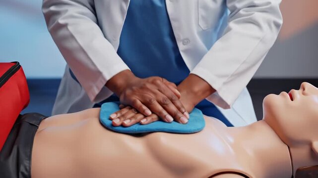 Medical professional performing CPR on a training mannequin in emergency simulation.