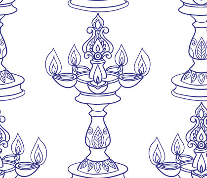  samai oil lamp traditional dishes tableware seamless vector pattern hand drawn ink oriental asian Indian design isolated