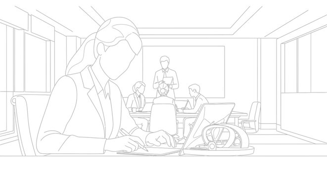 Business Meeting Line Art Illustration: Professional Woman Taking Notes in Corporate Office with Team Presentation Background