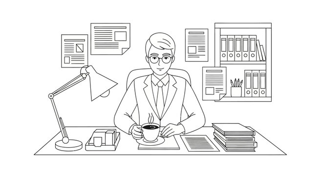 Businessman Sitting at Desk in Office with Coffee, Line Art Illustration for Coloring Page