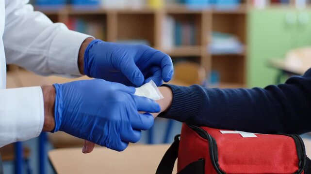 Medical professional applying bandage to injured arm in healthcare setting.