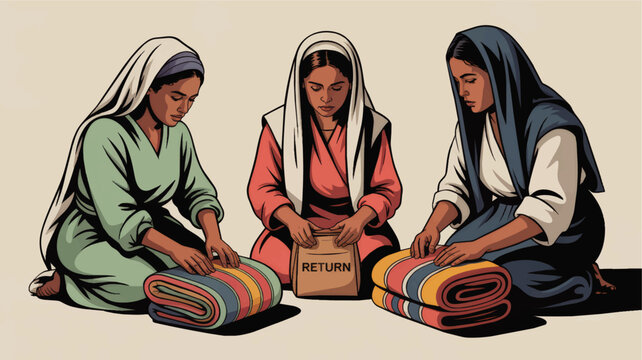 Biblical women folding colorful blankets with return box, vintage religious illustration, humble charity service concept