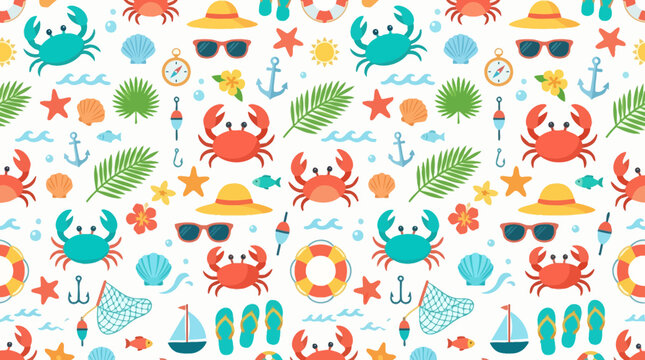Colorful beach pattern with crabs and summer accessories
