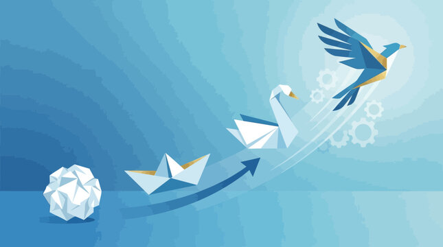 Geometric shapes transform into swan flying with gears in background on blue
