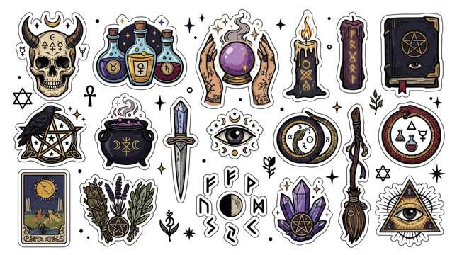 Collection of mystical stickers with occult symbols and witchcraft elements