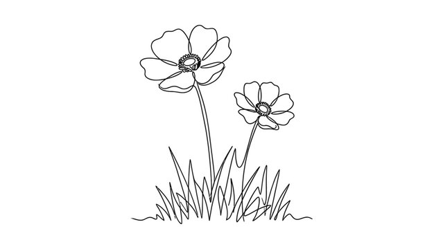 Continuous single line drawing of two blooming cosmos flowers in grass.