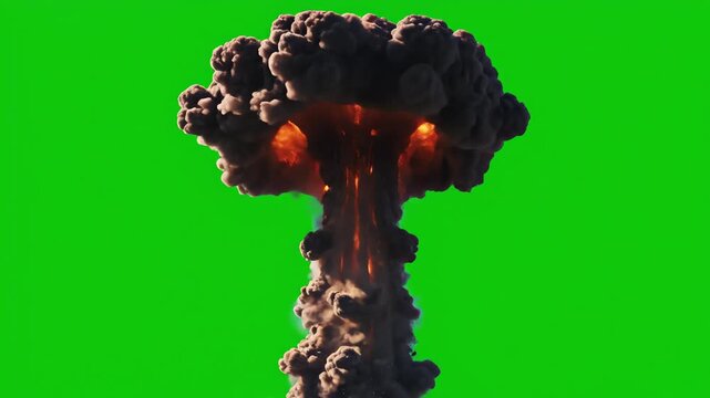 Dynamic nuclear explosion with a towering mushroom cloud against a green screen background for VFX compositing in action and commercial production content