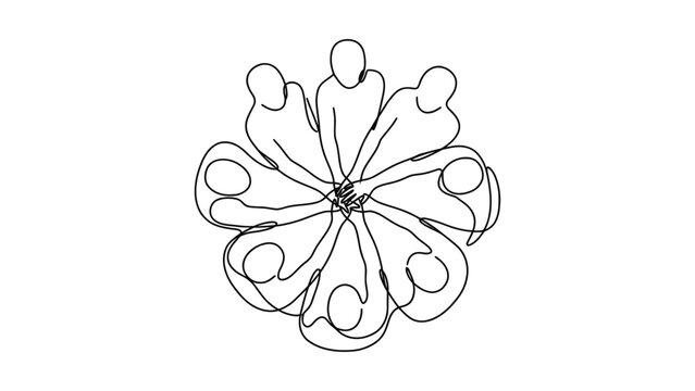 Continuous line art of people joining hands in a circle.