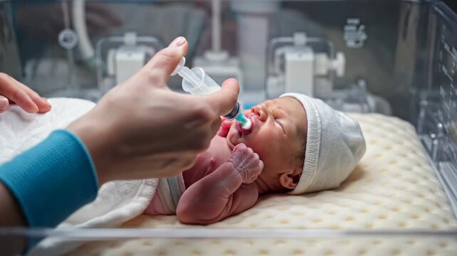 Newborn baby receiving care in neonatal intensive care unit.