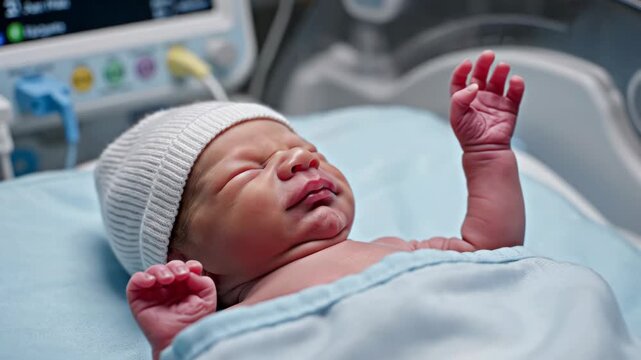 Newborn baby lying in hospital crib with hands raised.