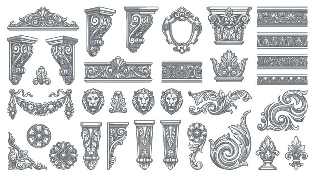 Intricate architectural ornaments and decorative elements in a classic engraved style, perfect for graphic design projects
