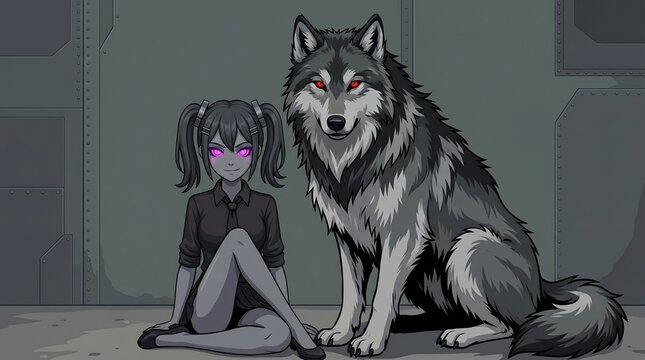 A girl with glowing purple eyes sits beside a large grey wolf. Her subtle smirk and dark pigtails evoke a sense of supernatural kinship, quiet defiance, and predatory calm.