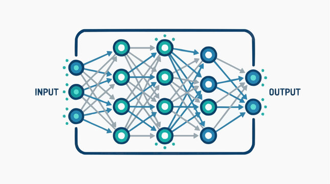 Neural Network: Conceptual illustration of a complex neural network, showcasing its intricate structure, input-output flow, and the essence of machine learning and data analysis. 