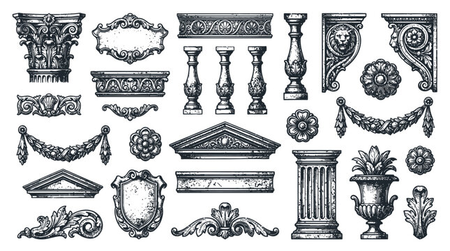 Ornate architectural elements and decorative borders in classic styles, vintage engravings for elegant design