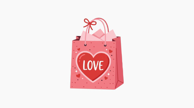 Gift of Love: a pink gift bag with heart and LOVE is full of gifts. The image creates a heartwarming ambiance, symbolizing a cherished present, full of surprises and affection.