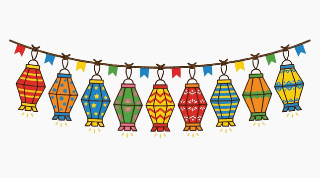 Colorful Festive Lanterns: A vibrant display of festive lanterns, each intricately designed and glowing with a warm inner light, suspended from a string of colorful flags.