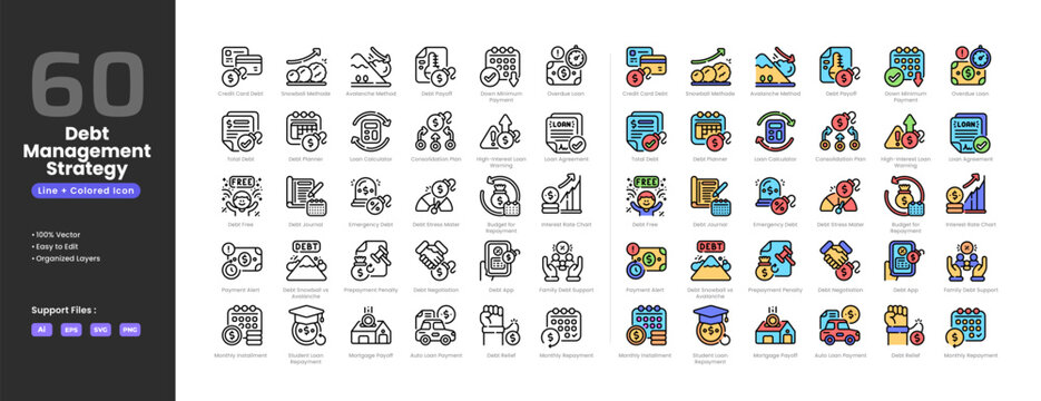 Debt management strategy icon set collection - colored outline line art style. Auto loan payment avalanche method chart repayment budget consolidation plan credit card debt free negotiation payoff
