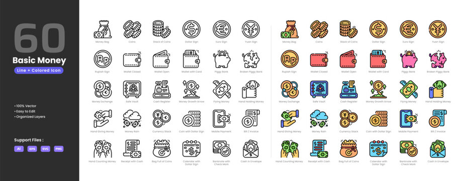 Basic money icon set collection - colored outline line art style. Money bag stack of coins dollar euro yuan rupiah wallet close open broken piggy bank money exchange safe vault cash register.