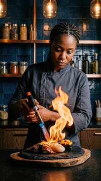 Chef searing sushi with a culinary torch