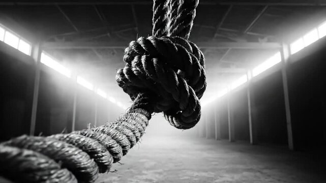 Low angle shot of thick rope tied in a knot, with an empty warehouse in the background, monochrome