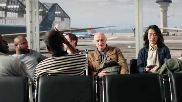 Hearing flight announcement, chairs and men with women in airport standing up. Queuing up, concept of organized travel flow and Multiethnic passengers ready for departure going to boarding gate